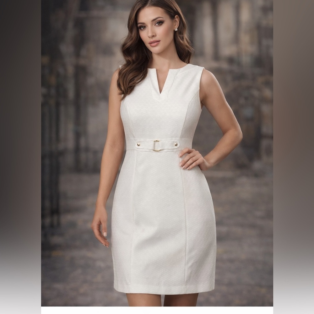 Chelsea Rose Classic, Polished, Sophisticated Cream Belted Midi Dress-Women's 10